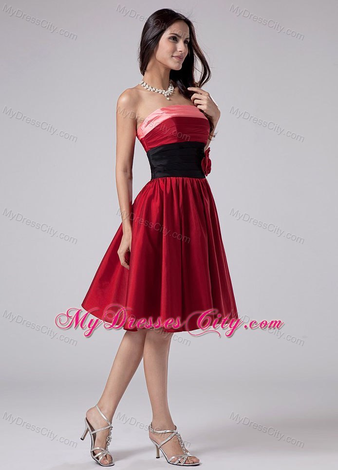 Hand Made Flowers Strapless Knee-length Taffeta Wine Red Cocktail Dresses