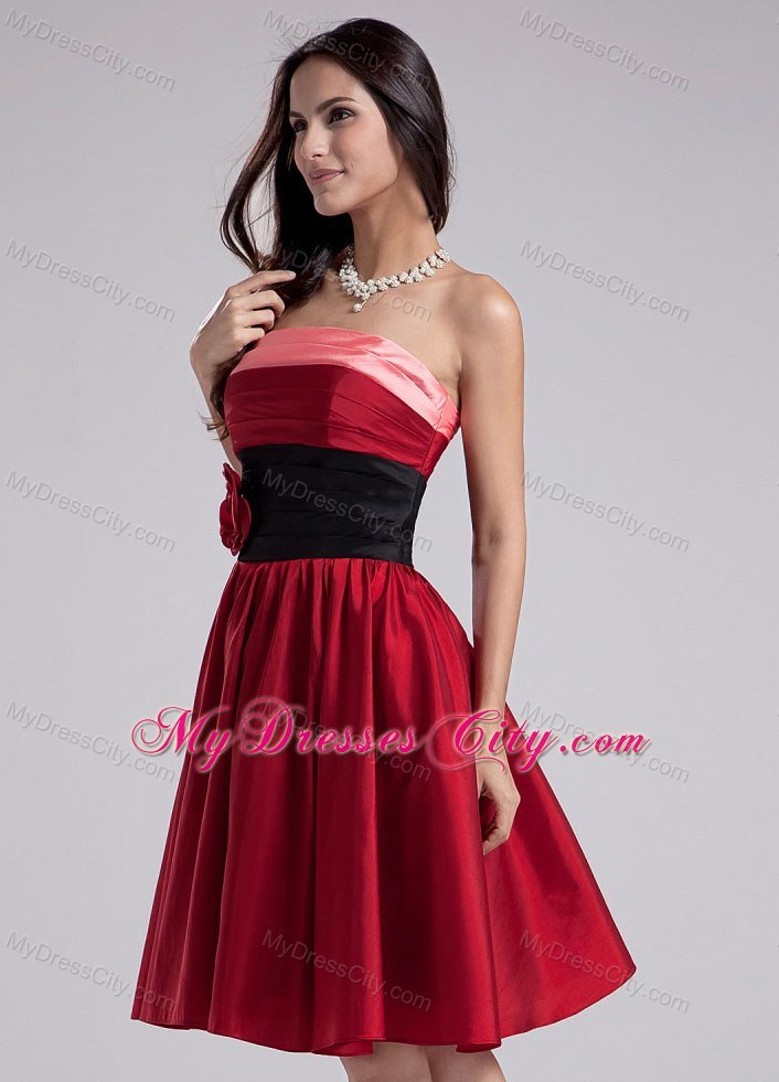 Hand Made Flowers Strapless Knee-length Taffeta Wine Red Cocktail Dresses