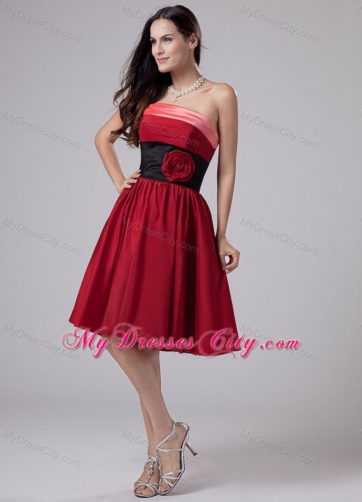 Hand Made Flowers Strapless Knee-length Taffeta Wine Red Cocktail Dresses