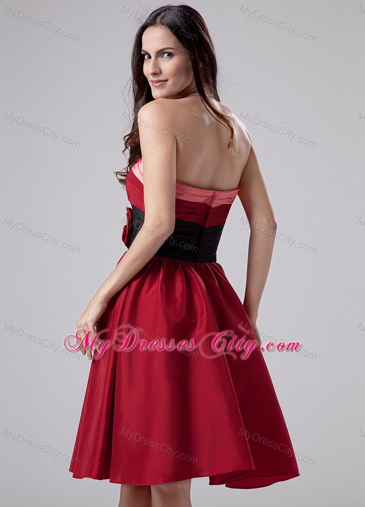 Hand Made Flowers Strapless Knee-length Taffeta Wine Red Cocktail Dresses