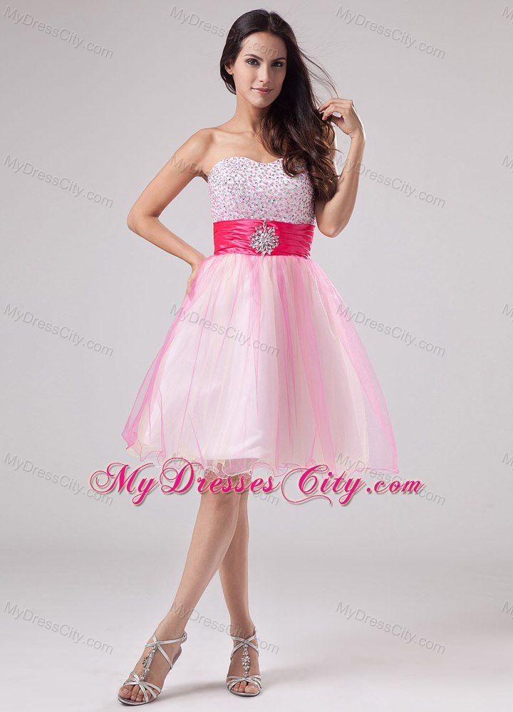 Beading Strapless Organza Mini-length Layers Pink Prom Cocktail Dress