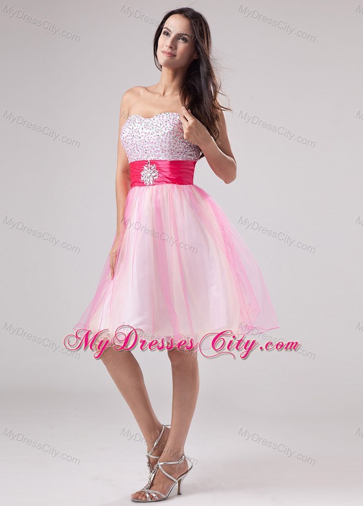 Beading Strapless Organza Mini-length Layers Pink Prom Cocktail Dress