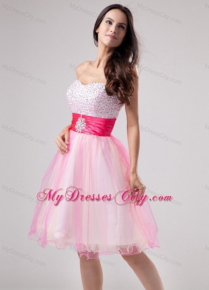 Beading Strapless Organza Mini-length Layers Pink Prom Cocktail Dress