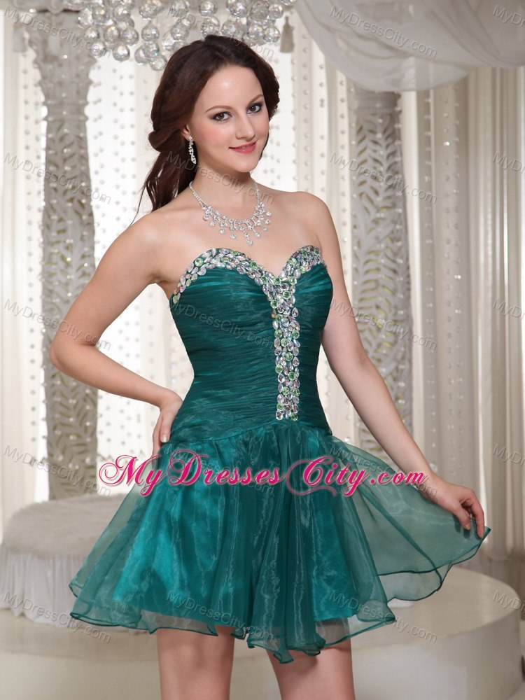 Green Sweetheart Beaded Mini-length Cocktail Dresses With Rhinestones