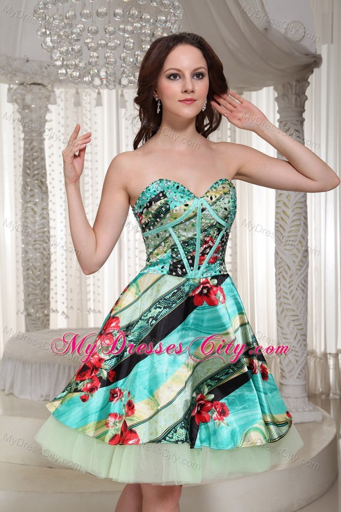 Printing Sweetheart Beading Layers Mini-length Back Out Cocktail Dress