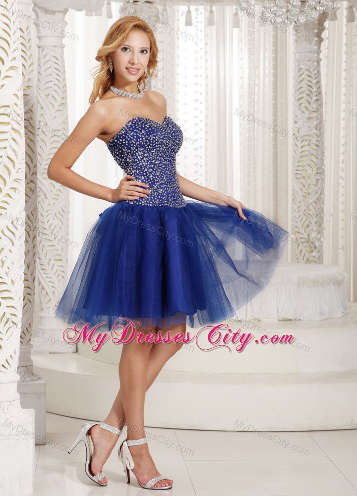 Blue Beaded Sweetheart Tulle Knee-length Back Out Cocktail Dresses