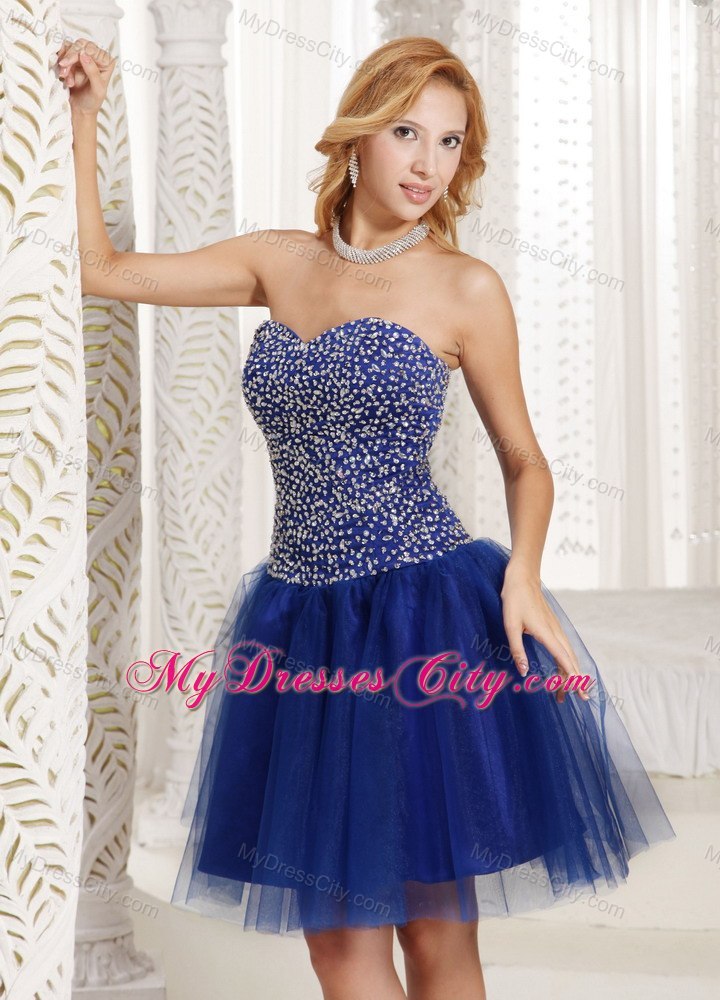 Blue Beaded Sweetheart Tulle Knee-length Back Out Cocktail Dresses