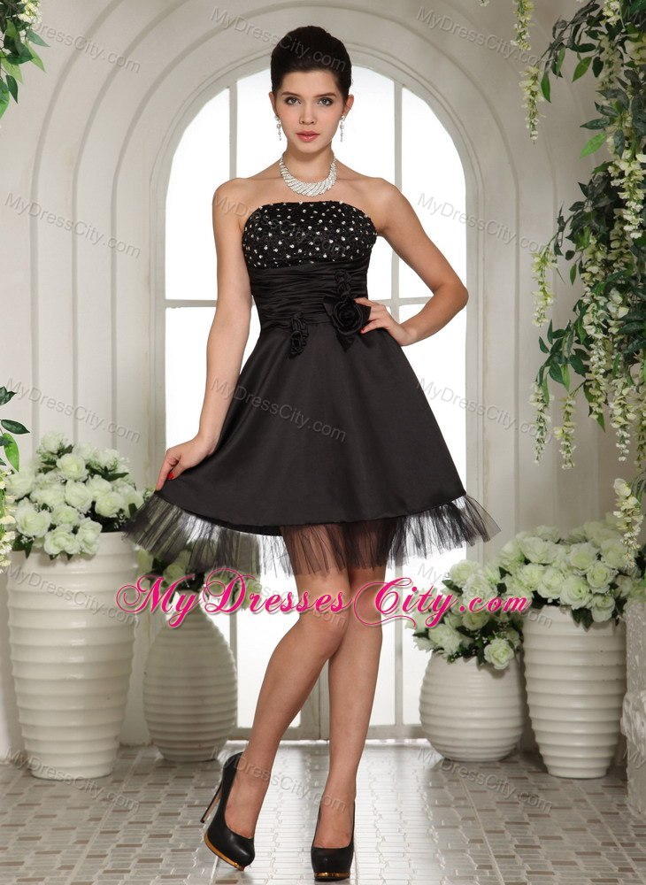 Black Beading and Handmade Flowers Strapless Cocktail Party Dresses