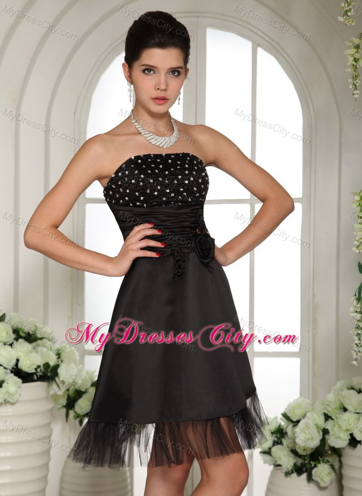 Black Beading and Handmade Flowers Strapless Cocktail Party Dresses