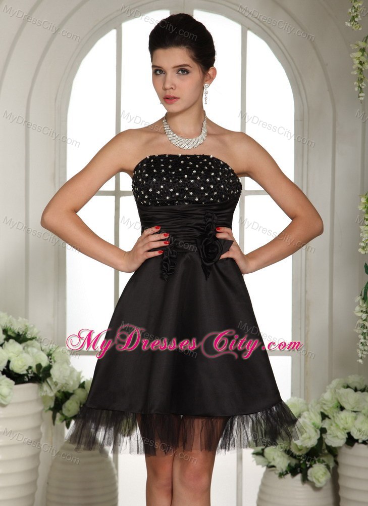 Black Beading and Handmade Flowers Strapless Cocktail Party Dresses