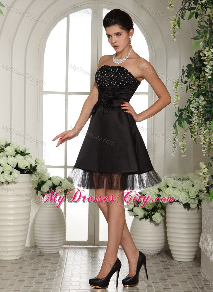 Black Beading and Handmade Flowers Strapless Cocktail Party Dresses