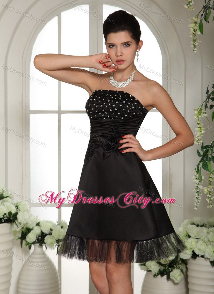 Black Beading and Handmade Flowers Strapless Cocktail Party Dresses