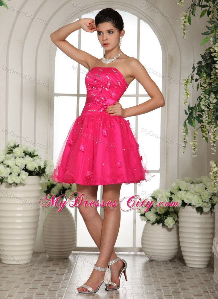 Appliques and Beading Strapless Mini-length Hot Pink Short Cocktail Dress