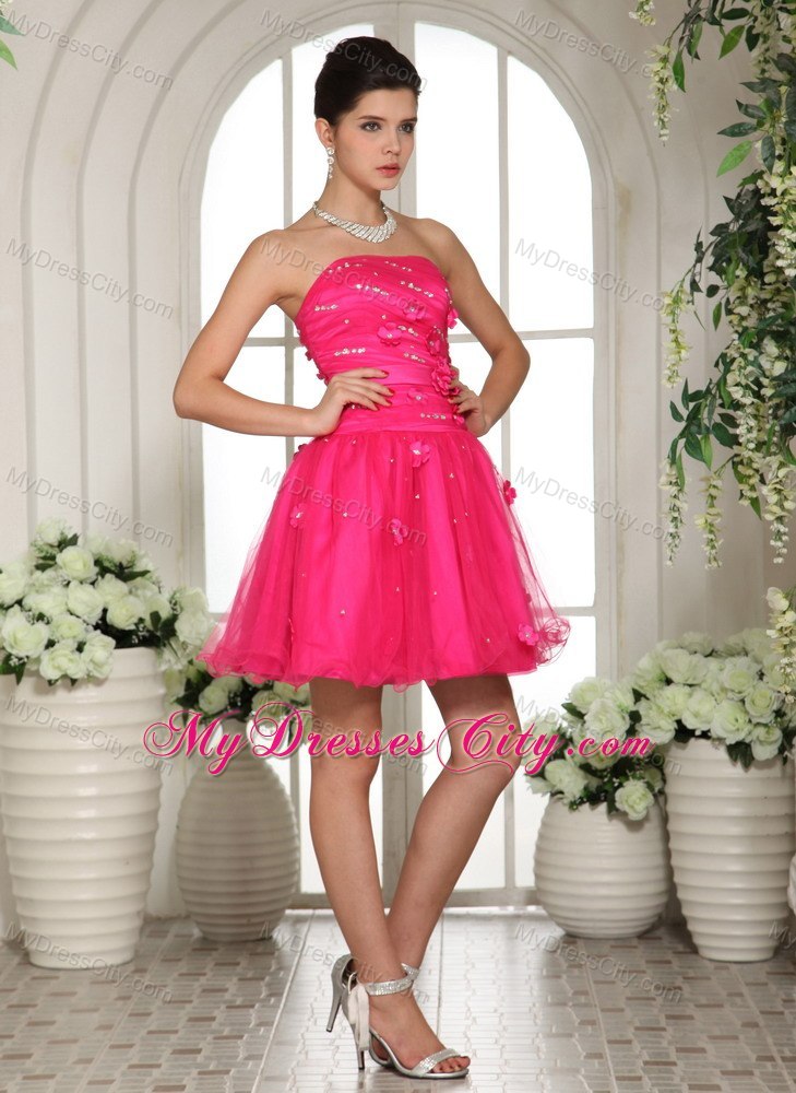 Appliques and Beading Strapless Mini-length Hot Pink Short Cocktail Dress