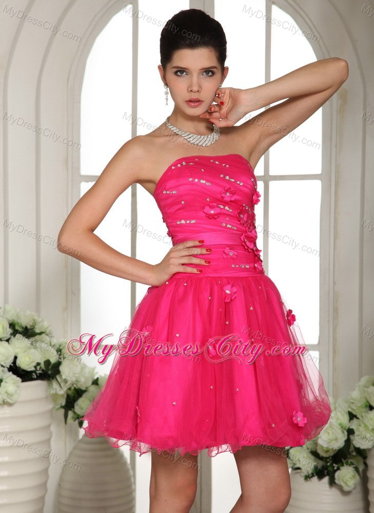 Appliques and Beading Strapless Mini-length Hot Pink Short Cocktail Dress