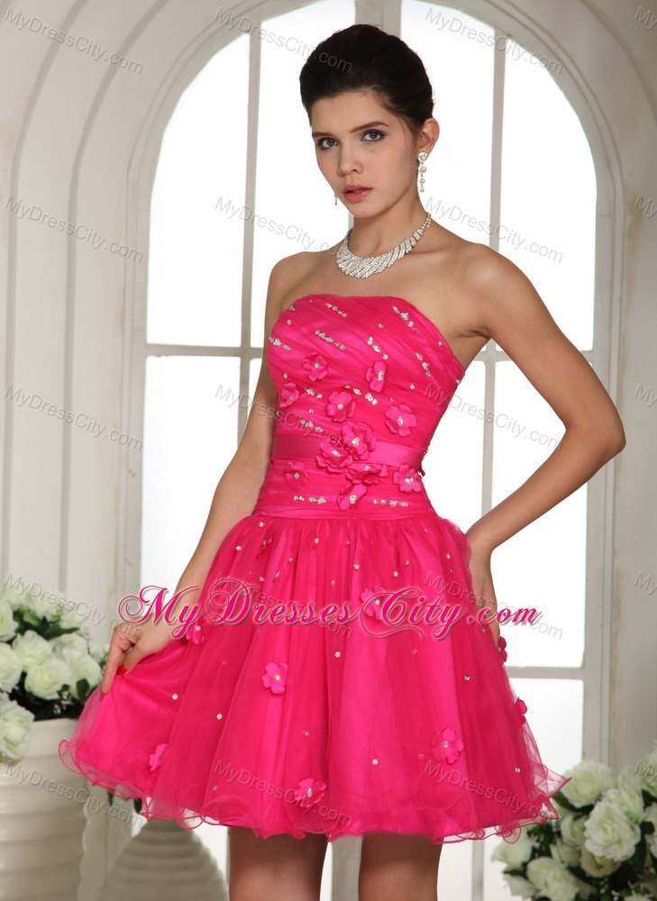 Appliques and Beading Strapless Mini-length Hot Pink Short Cocktail Dress