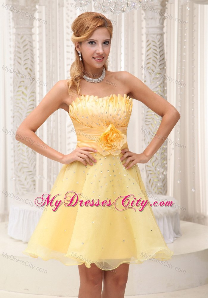 Hand Made Flower Light Yellow Strapless Beaded Short Cocktail Dress