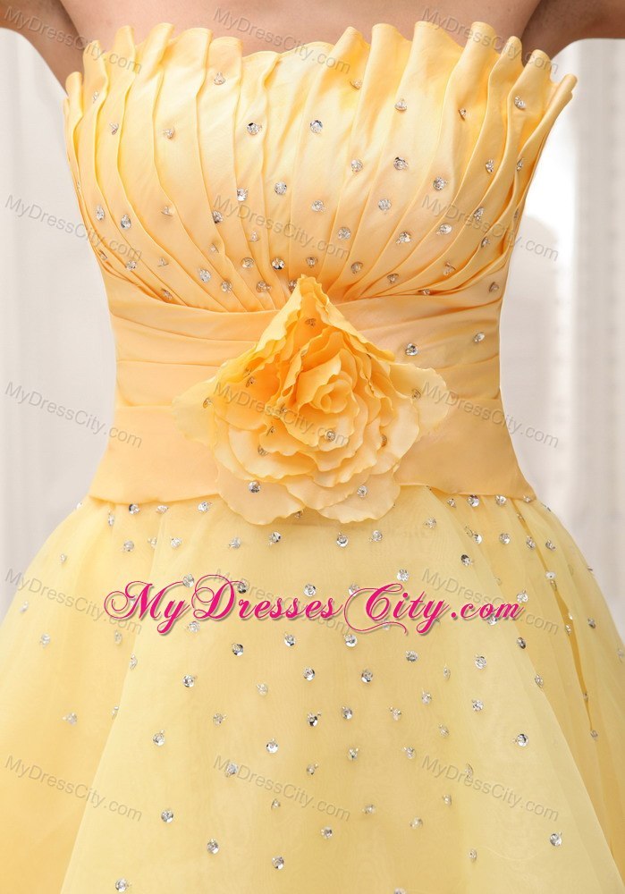 Hand Made Flower Light Yellow Strapless Beaded Short Cocktail Dress