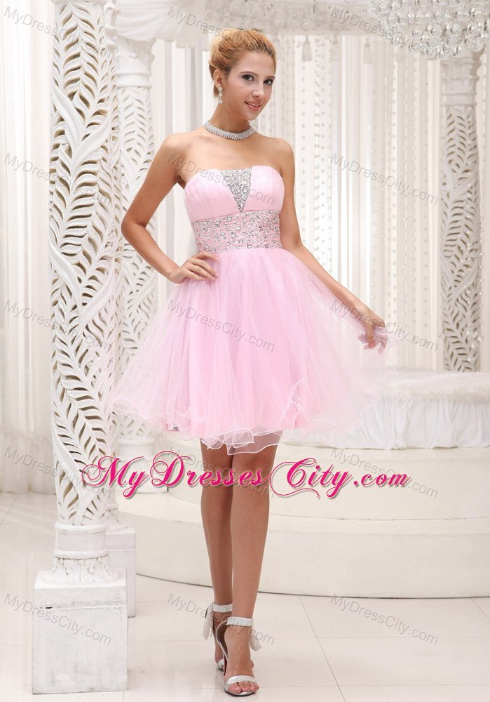 Baby Pink Strapless Beaded Organza Layered Mini-length Cocktail Dress