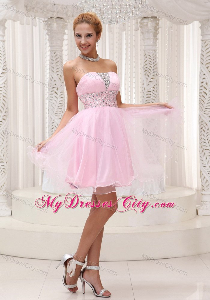 Baby Pink Strapless Beaded Organza Layered Mini-length Cocktail Dress