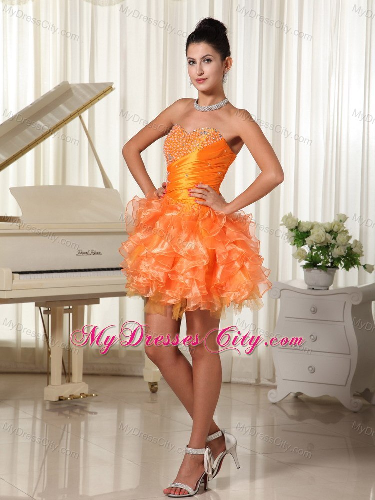 Mini-length Sweetheart Orange Cocktail Dress with Beading and Ruffles