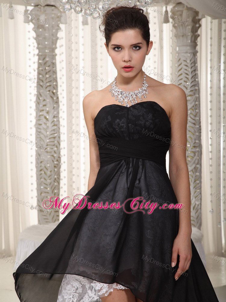 High-low Ruched Sweetheart Black Chiffon and White Lace Cocktail Dress