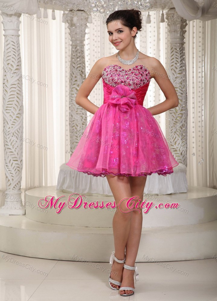 Hot Pink Handmade Flower Sweetheart Sequin Organza Prom Cocktail Dress