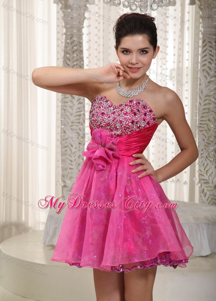 Hot Pink Handmade Flower Sweetheart Sequin Organza Prom Cocktail Dress