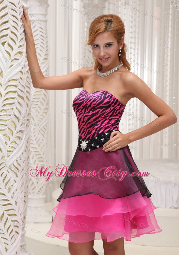 Zebra and Organza Beaded Sweetheart Layers Mini-length Cocktail Dress