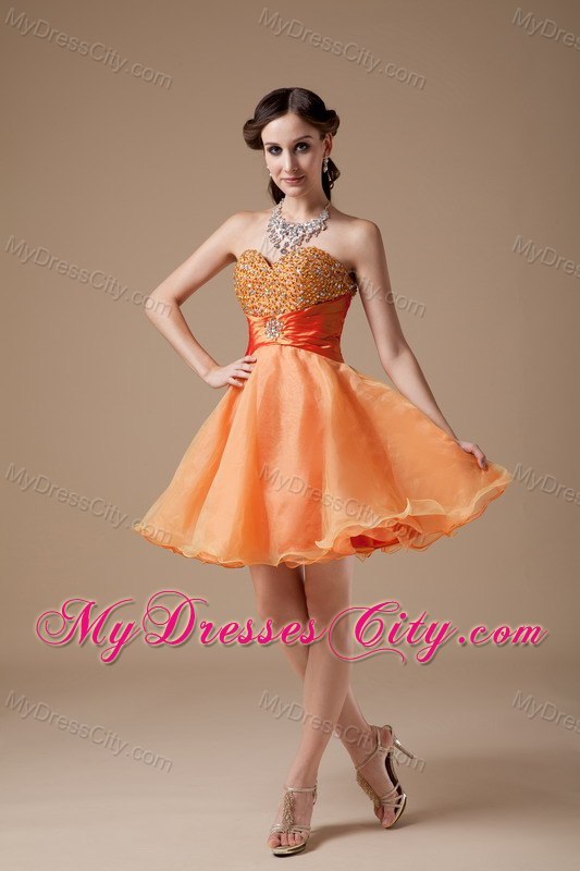 Orange Sweetheart Beading Organza Mini-length Cocktail Evening Dress