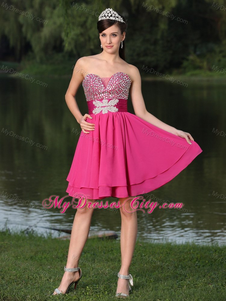 Hot Pink Sweetheart Beaded Layered Back Out Cocktail Party Dress