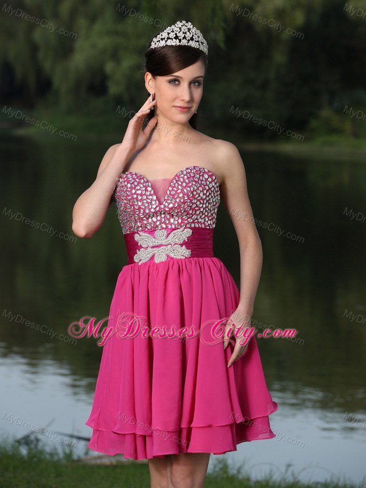 Hot Pink Sweetheart Beaded Layered Back Out Cocktail Party Dress