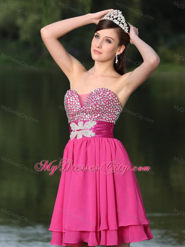 Hot Pink Sweetheart Beaded Layered Back Out Cocktail Party Dress