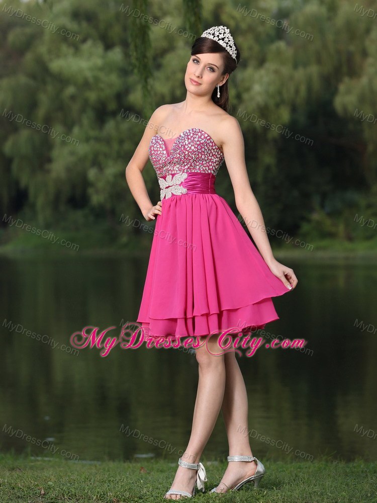 Hot Pink Sweetheart Beaded Layered Back Out Cocktail Party Dress