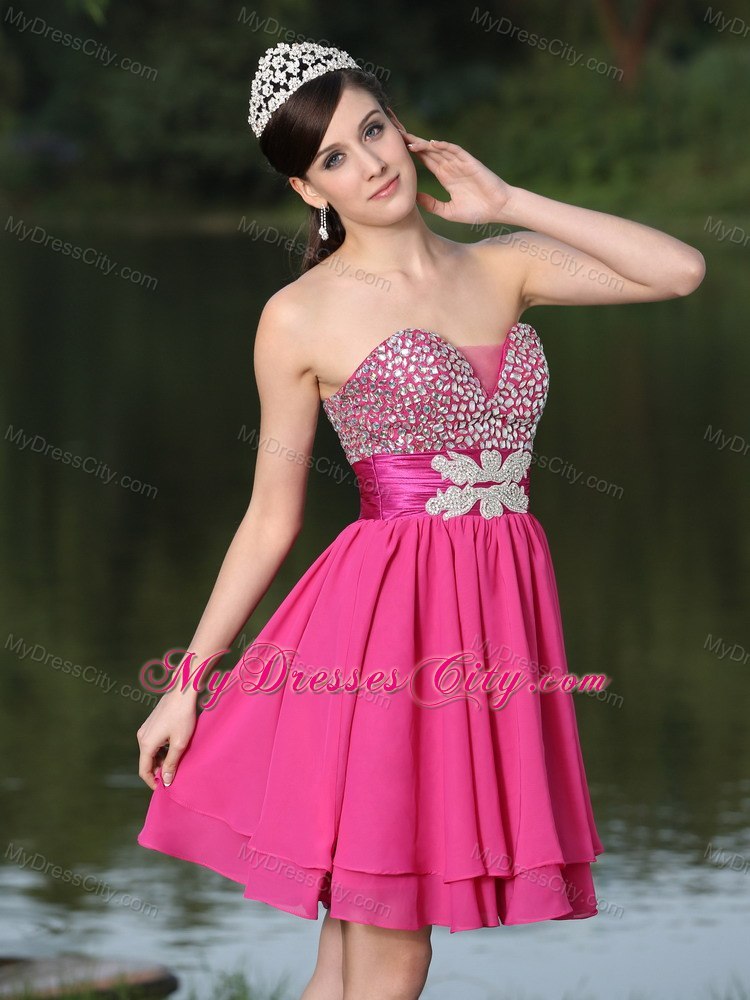 Hot Pink Sweetheart Beaded Layered Back Out Cocktail Party Dress