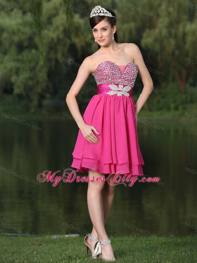 Hot Pink Sweetheart Beaded Layered Back Out Cocktail Party Dress