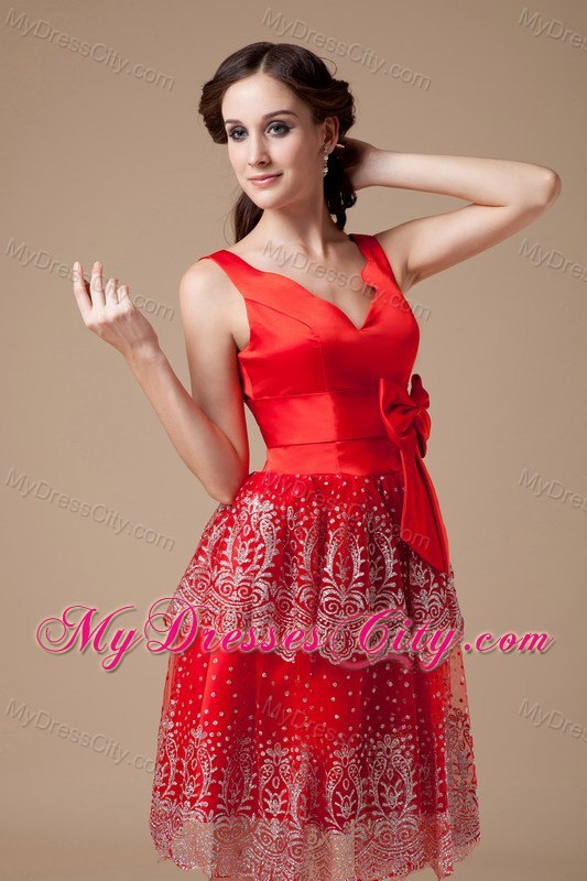 Bowknot V-neck Beading Knee-length Layered Satin Prom Cocktail Dress