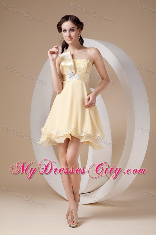 Light Yellow Strapless Short Beaded Cocktail Dress Has Curly Hem