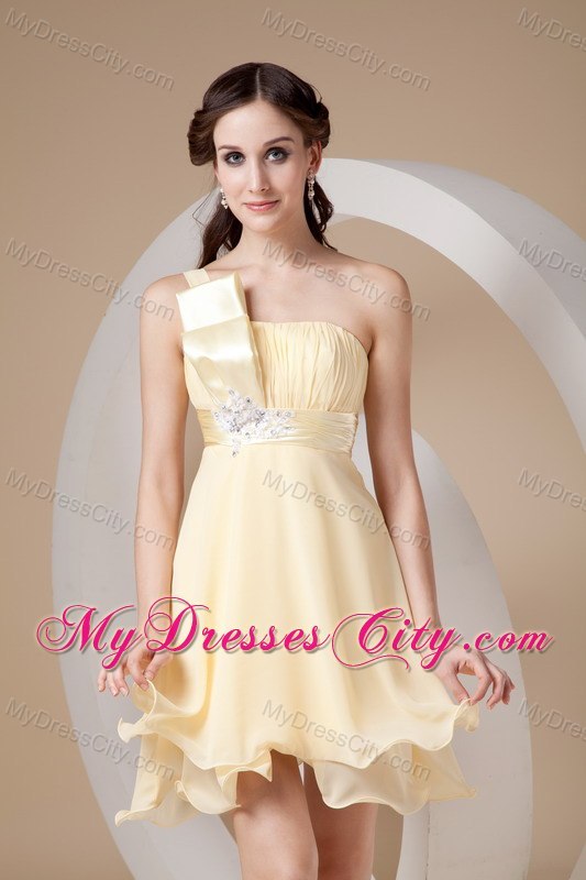 Light Yellow Strapless Short Beaded Cocktail Dress Has Curly Hem