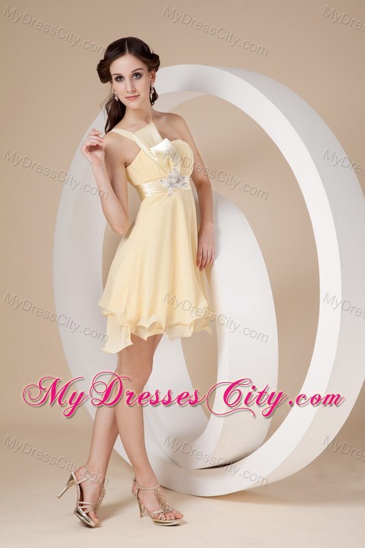 Light Yellow Strapless Short Beaded Cocktail Dress Has Curly Hem