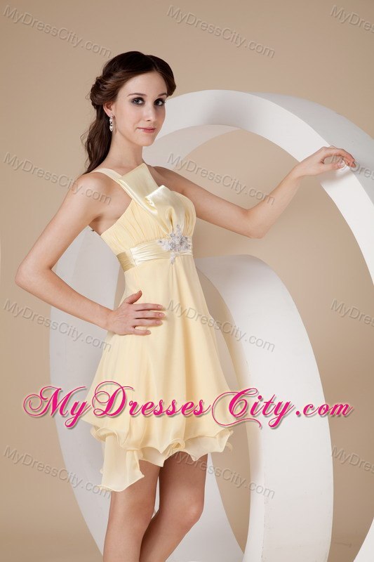 Light Yellow Strapless Short Beaded Cocktail Dress Has Curly Hem