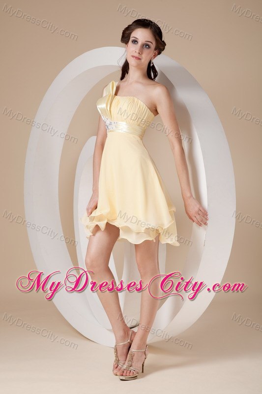 Light Yellow Strapless Short Beaded Cocktail Dress Has Curly Hem