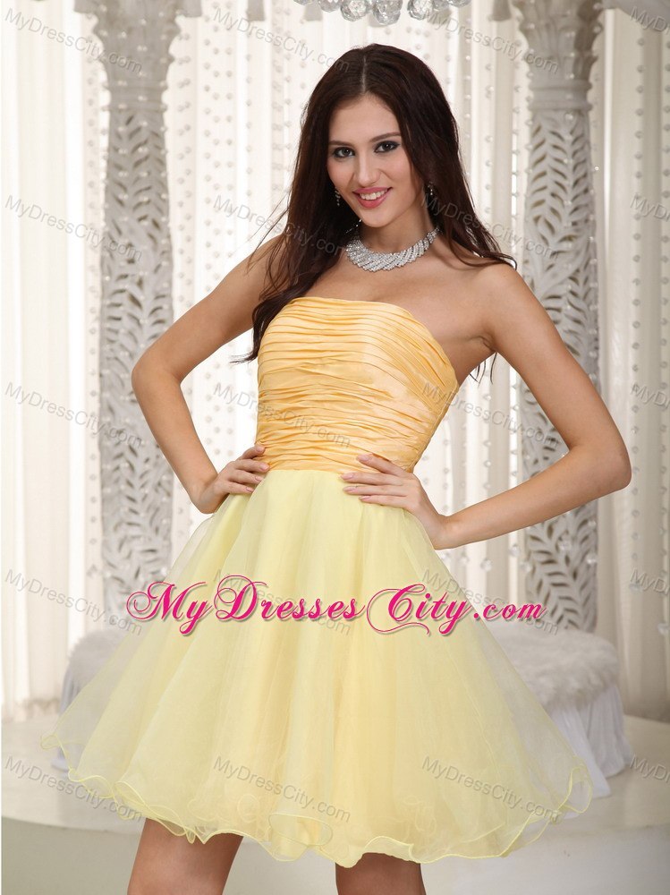 Light Yellow Strapless Mini-length Organza Ruches Cocktail Dresses