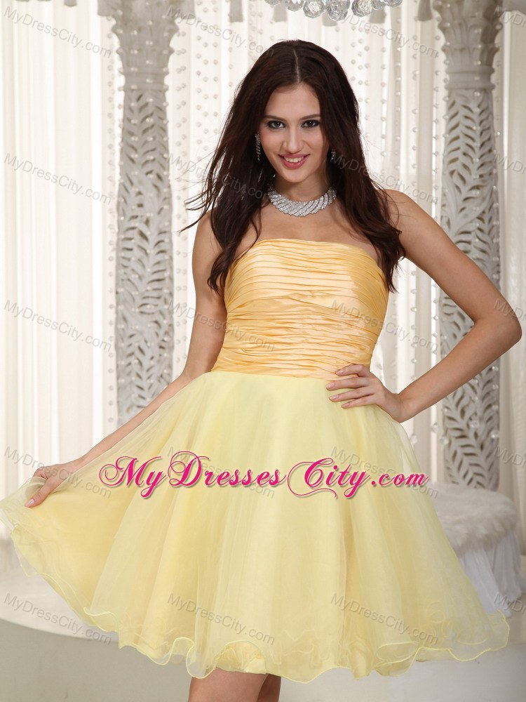 Light Yellow Strapless Mini-length Organza Ruches Cocktail Dresses