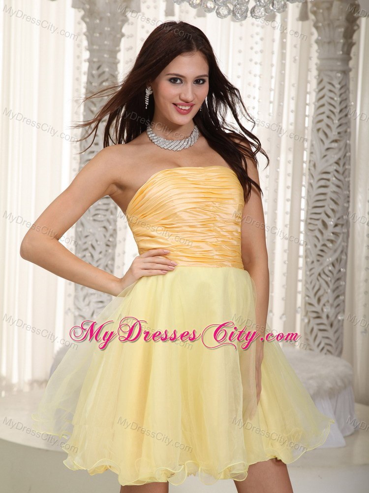 Light Yellow Strapless Mini-length Organza Ruches Cocktail Dresses