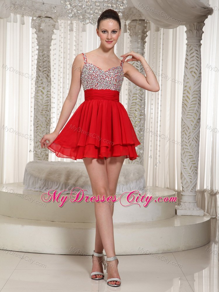 Red Chiffon Spaghetti Straps Beading Girls Cocktail Dresses