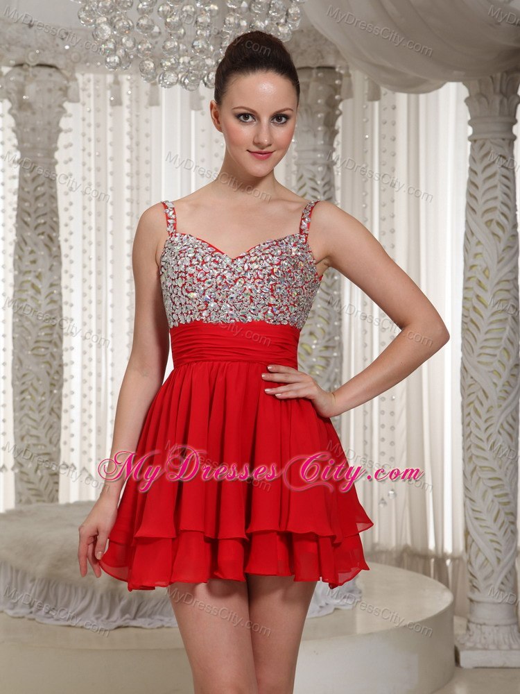 Red Chiffon Spaghetti Straps Beading Girls Cocktail Dresses