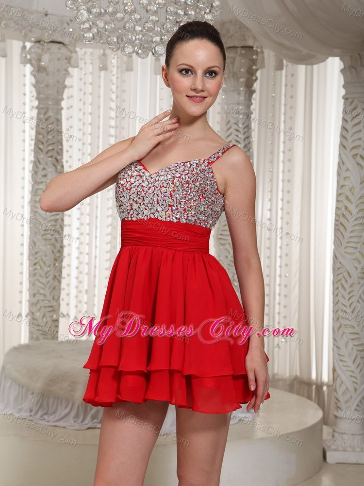 Red Chiffon Spaghetti Straps Beading Girls Cocktail Dresses