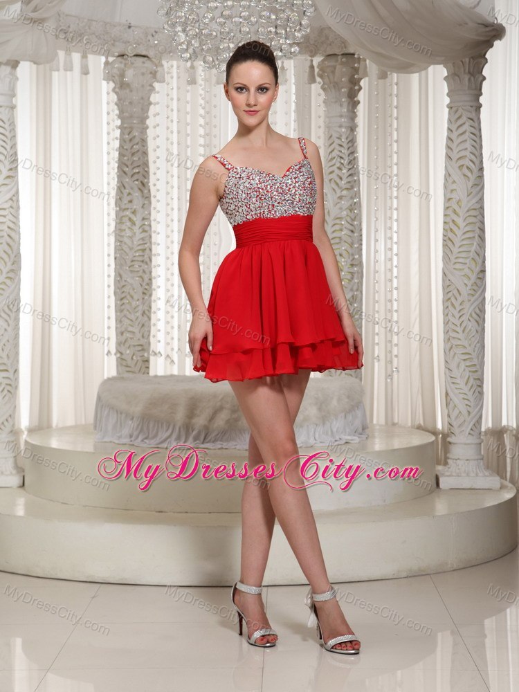 Red Chiffon Spaghetti Straps Beading Girls Cocktail Dresses