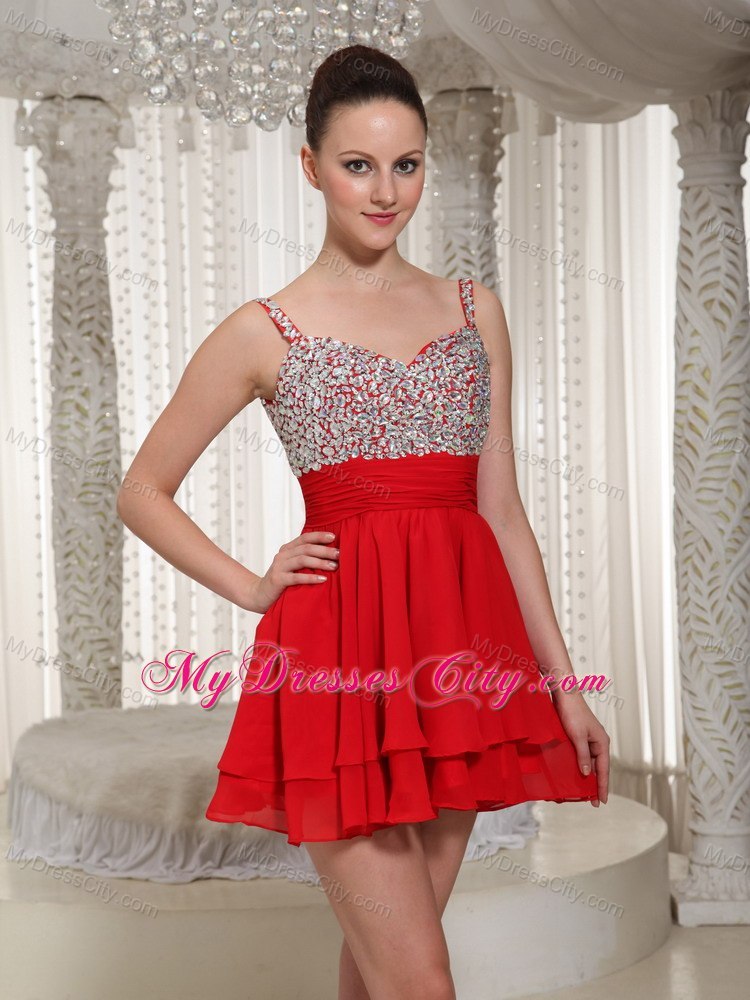 Red Chiffon Spaghetti Straps Beading Girls Cocktail Dresses